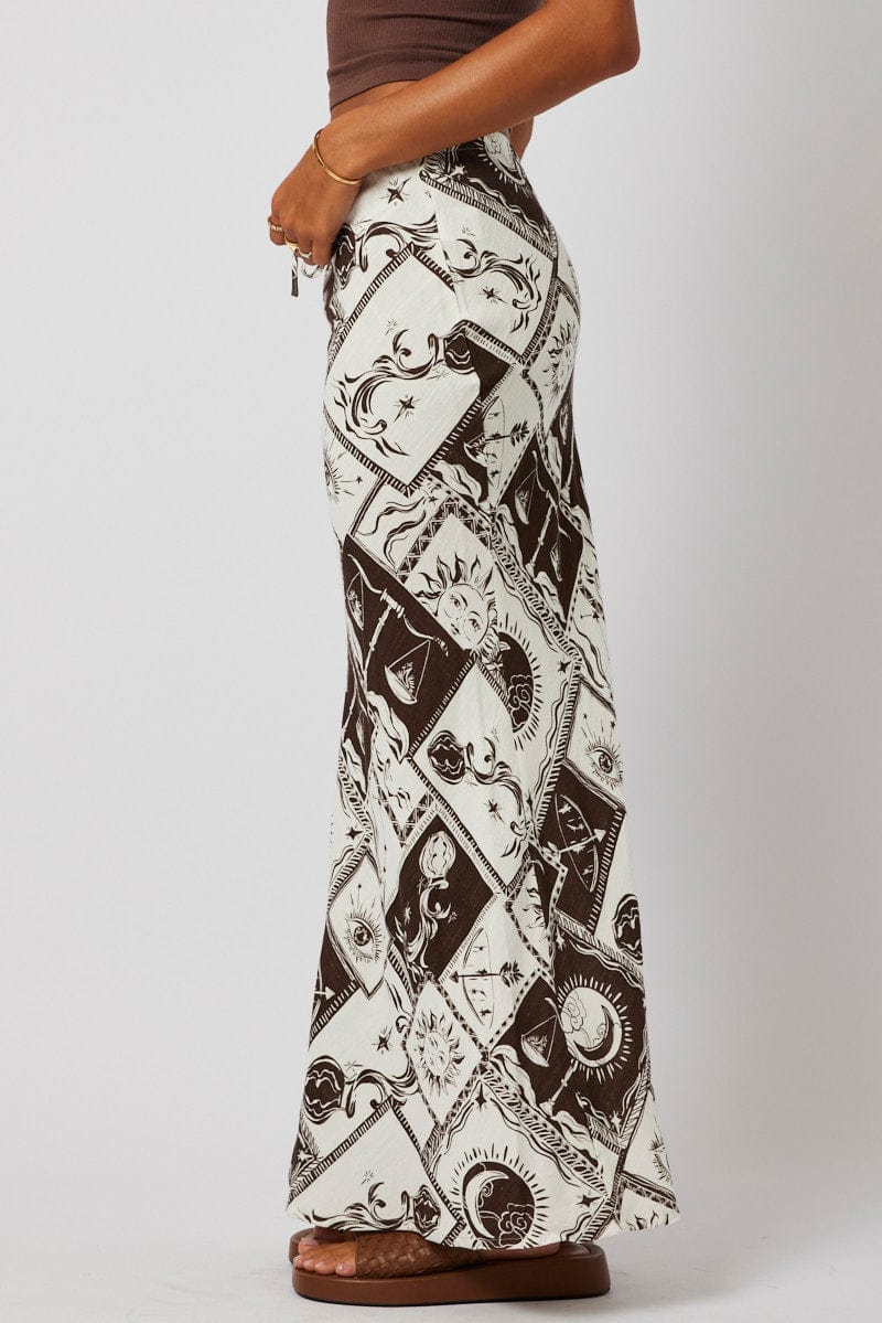 Brown Abstract Slip Skirt Maxi Linen Blend