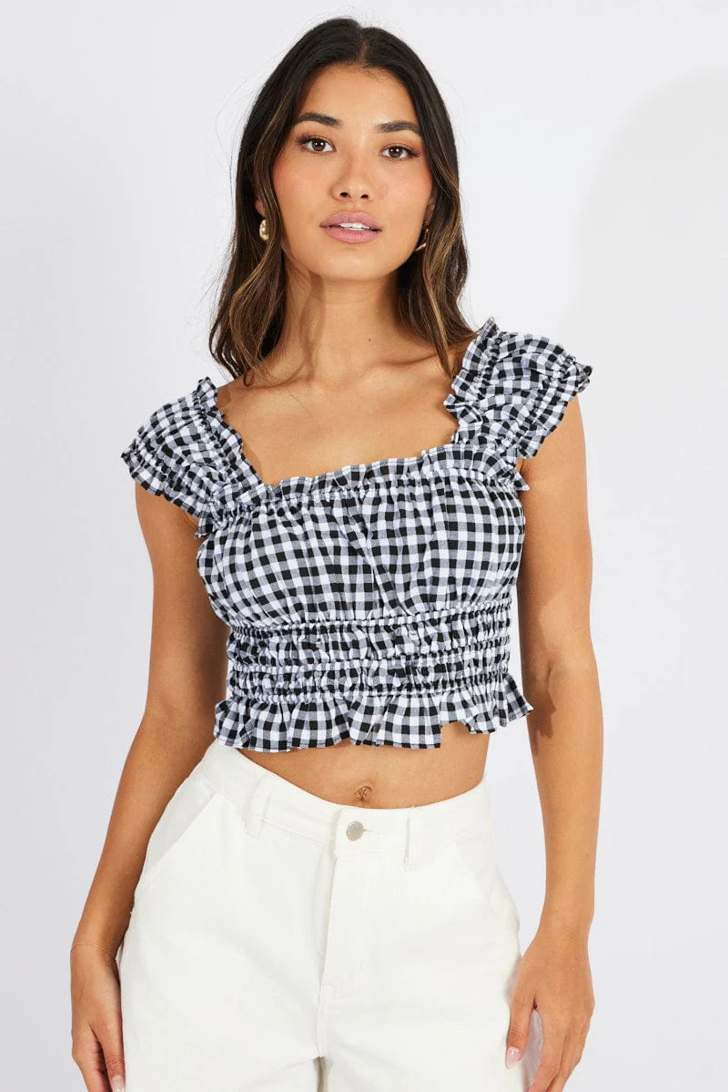 Black Check Ruched Top Sleeveless