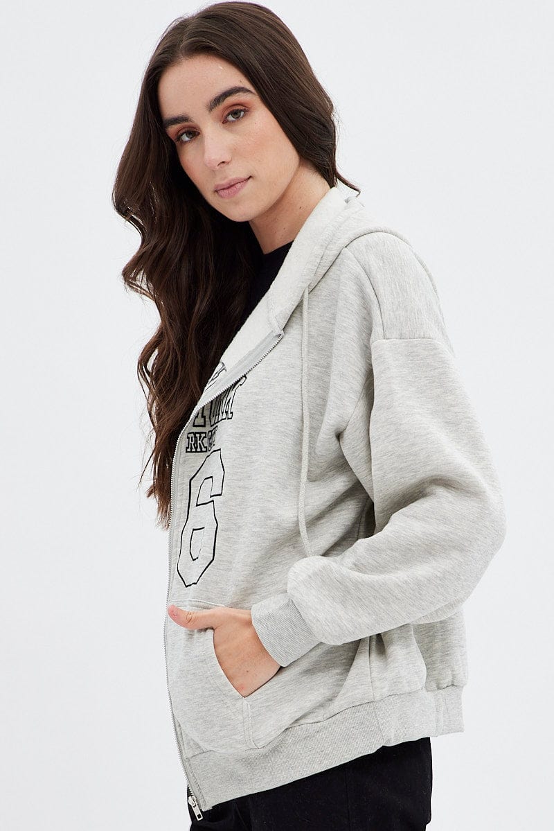 Grey Hoodie Zip Long Sleeve New York Embroidery