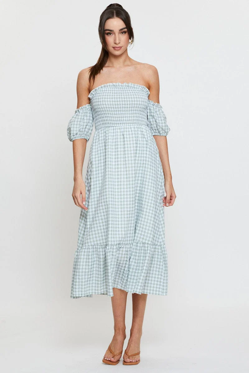 Check Midi Dress Off Shoulder Short Sleeve