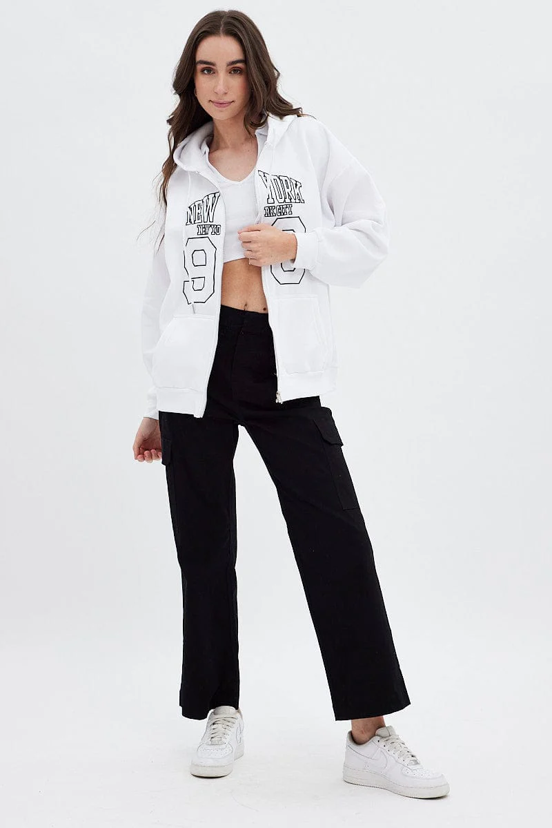 White Hoodie Zip Long Sleeve New York Embroidery