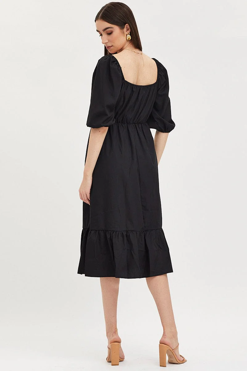 Black Midi Dress Short Sleeve Square Neck