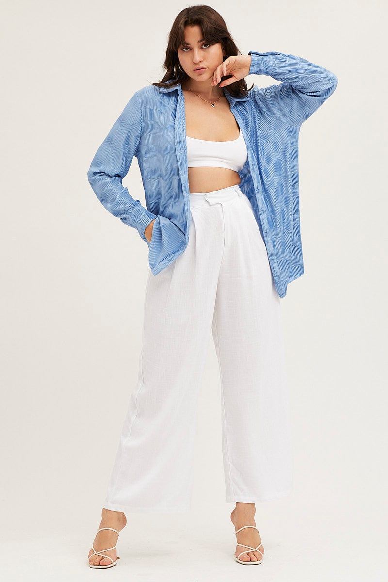 Blue Long Sleeve Plisse Shirt
