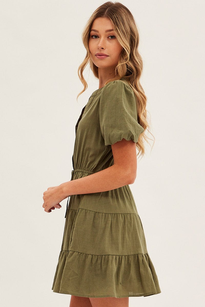 Green Shirt Dress Short Sleeve V-Neck Tiered