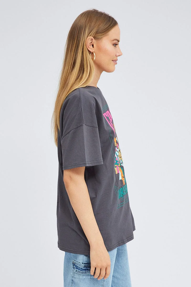 Grey Graphic Tee Festival Bright Oversized T-shirt