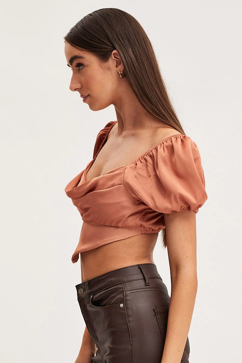 Brown Scarf Top Short Sleeve Crop