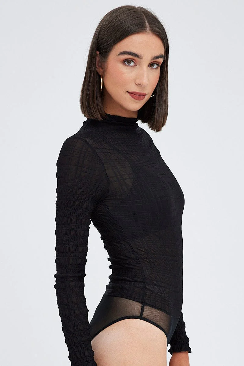 Black Sheer Bodysuit Textured Long Sleeve