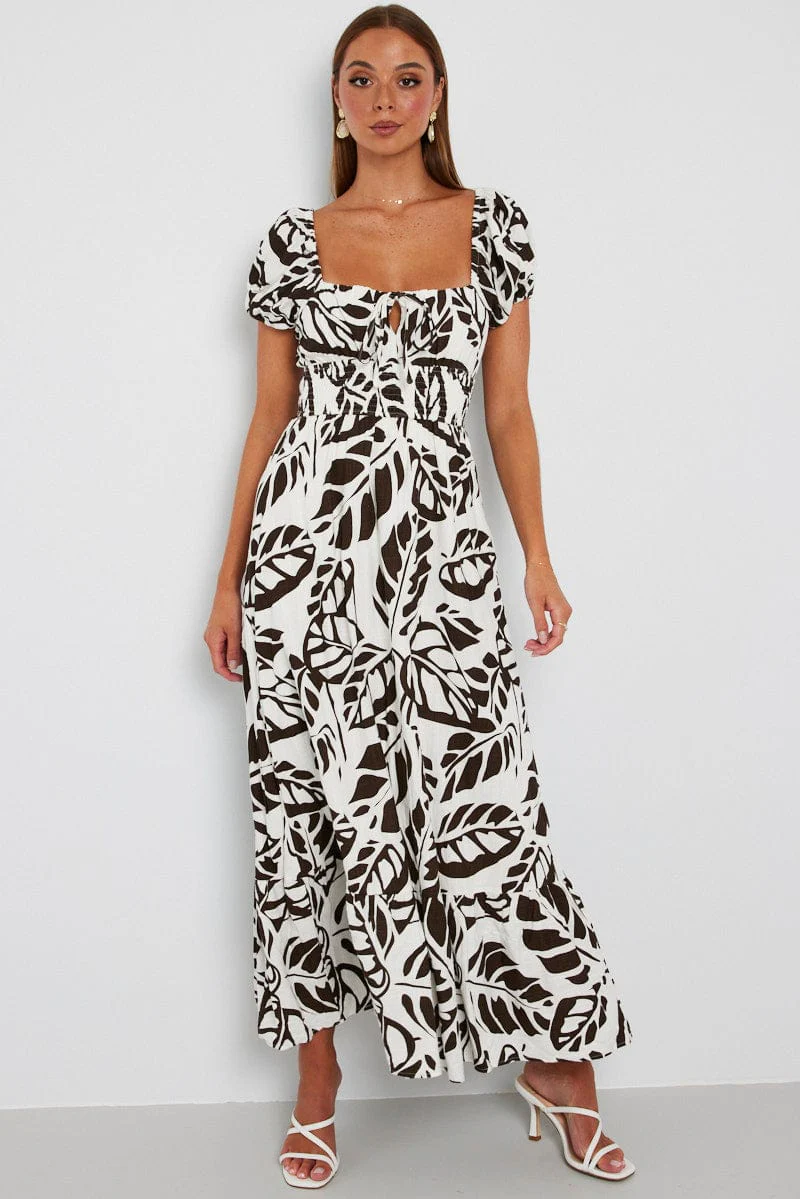 Brown Abstract Maxi Dress Puff Sleeve