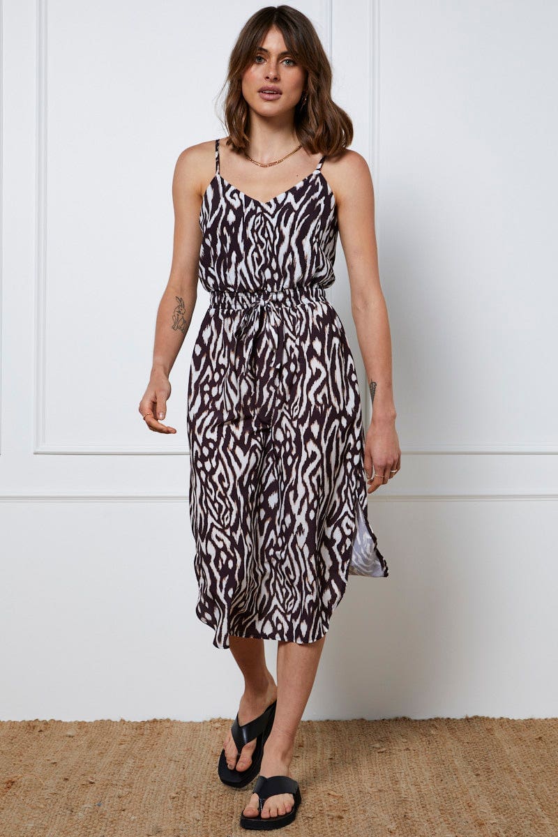 Print A Line Dress Maxi V Neck