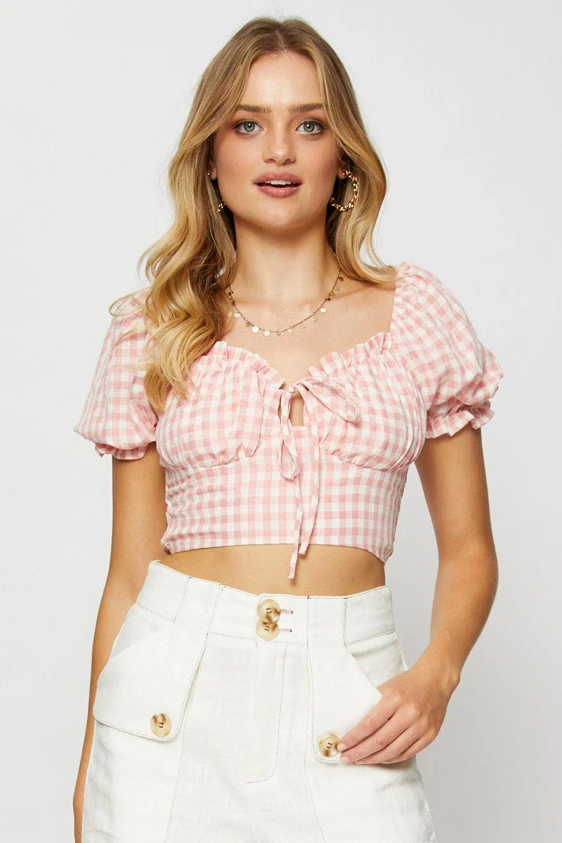 Check Crop Top Long Sleeve Sweetheart