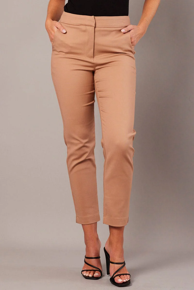 Brown Slim Pants High Rise