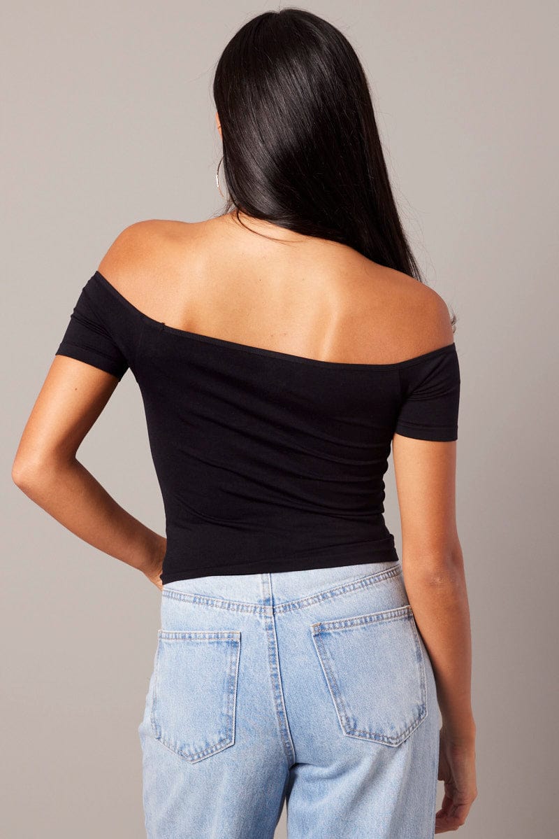 Black Off Shoulder Top Short Sleeve Seamless