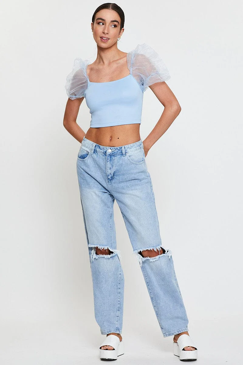 Blue Designer Organza Puff Shoulder Top
