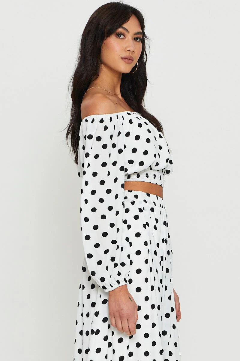 Polka Dot Crop Top Long Sleeve Off Shoulder