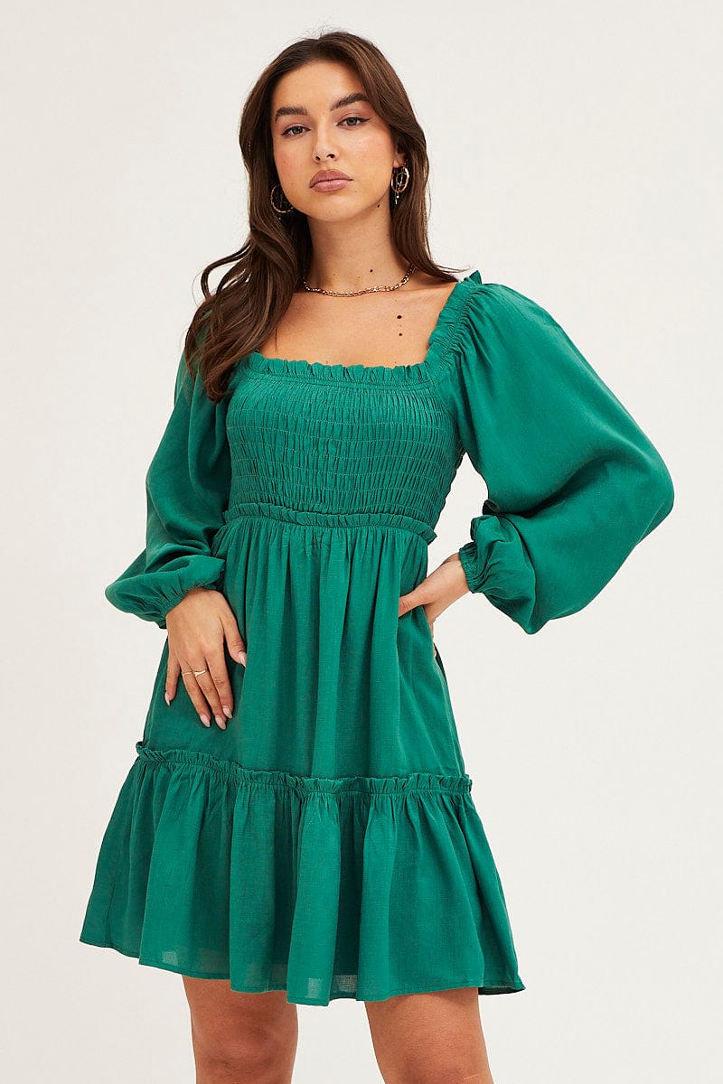 Green Shirred Skater Dress