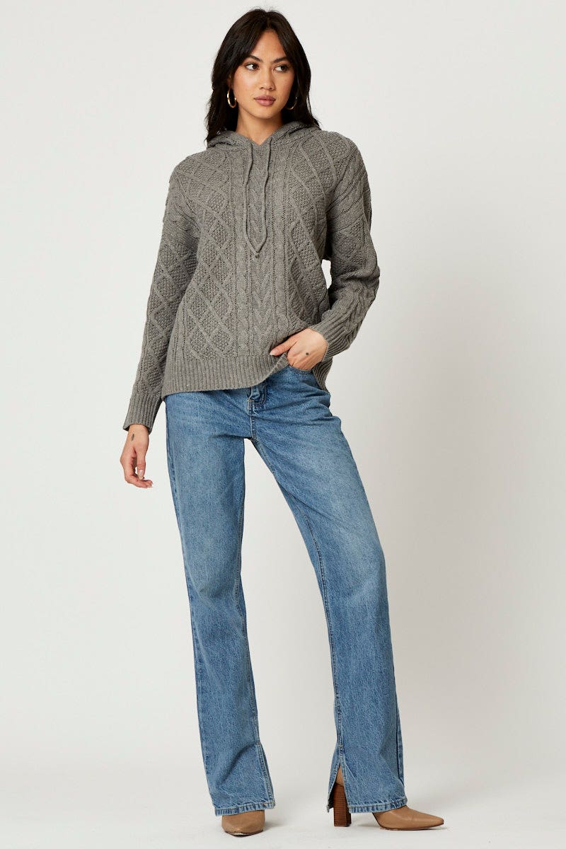 Grey Long Sleeve Cabled Hoodie Knit Top