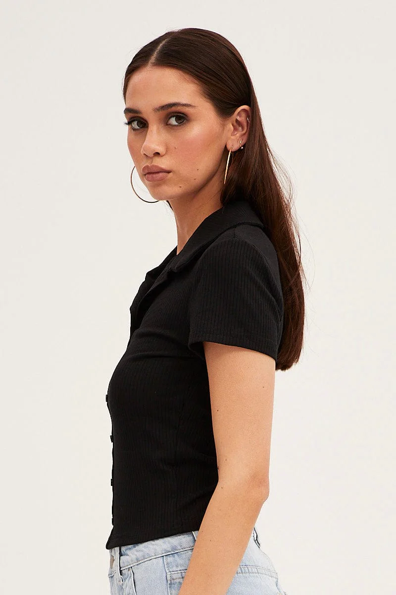 Black Collared Top Short Sleeve Button Up Rib Jersey