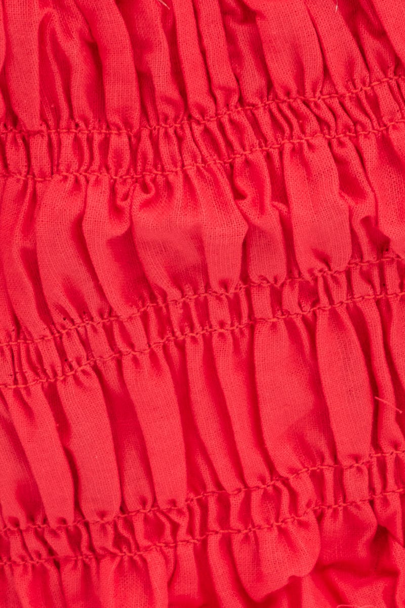 Red Crop Top Short Sleeve Square Neck Linen Blend