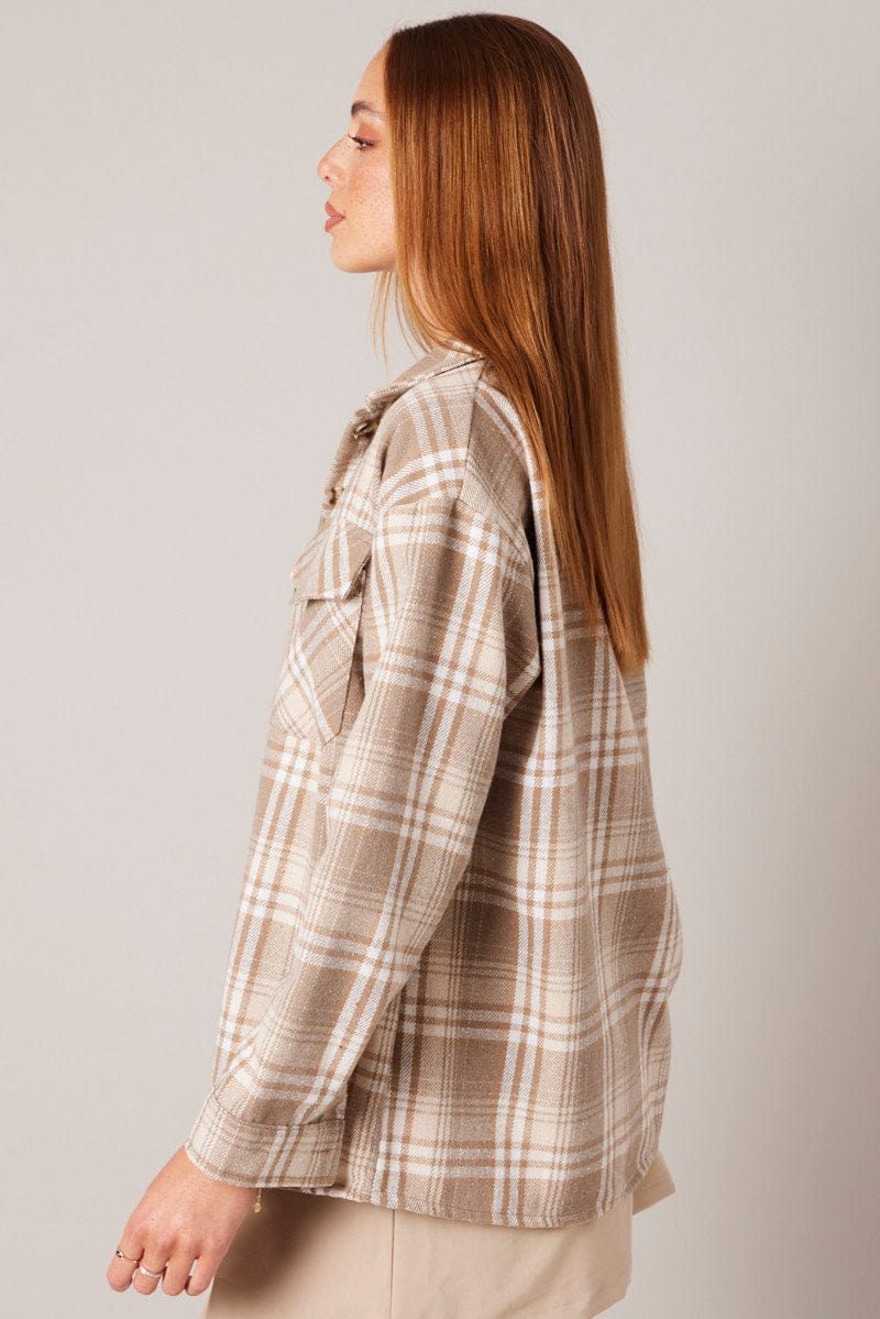 Beige Check Relaxed Shirt Long Sleeve