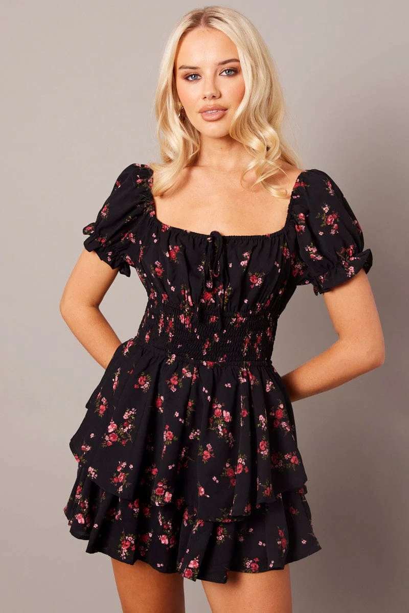Black Ditsy Playsuit  Short Sleeve
