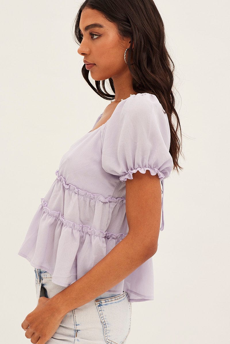 Lilac Ruffle V Neck Puff Sleeve Tiered Top