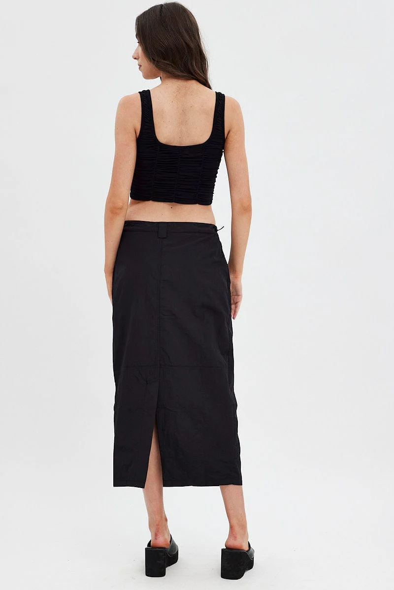 Black Parachute Skirt Cargo Mid Rise