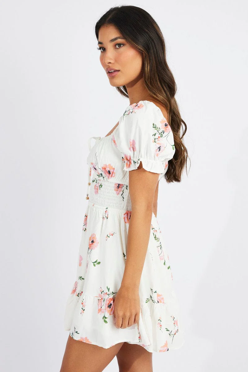 White Floral Fit And Flare Dress Puff Sleeve Mini