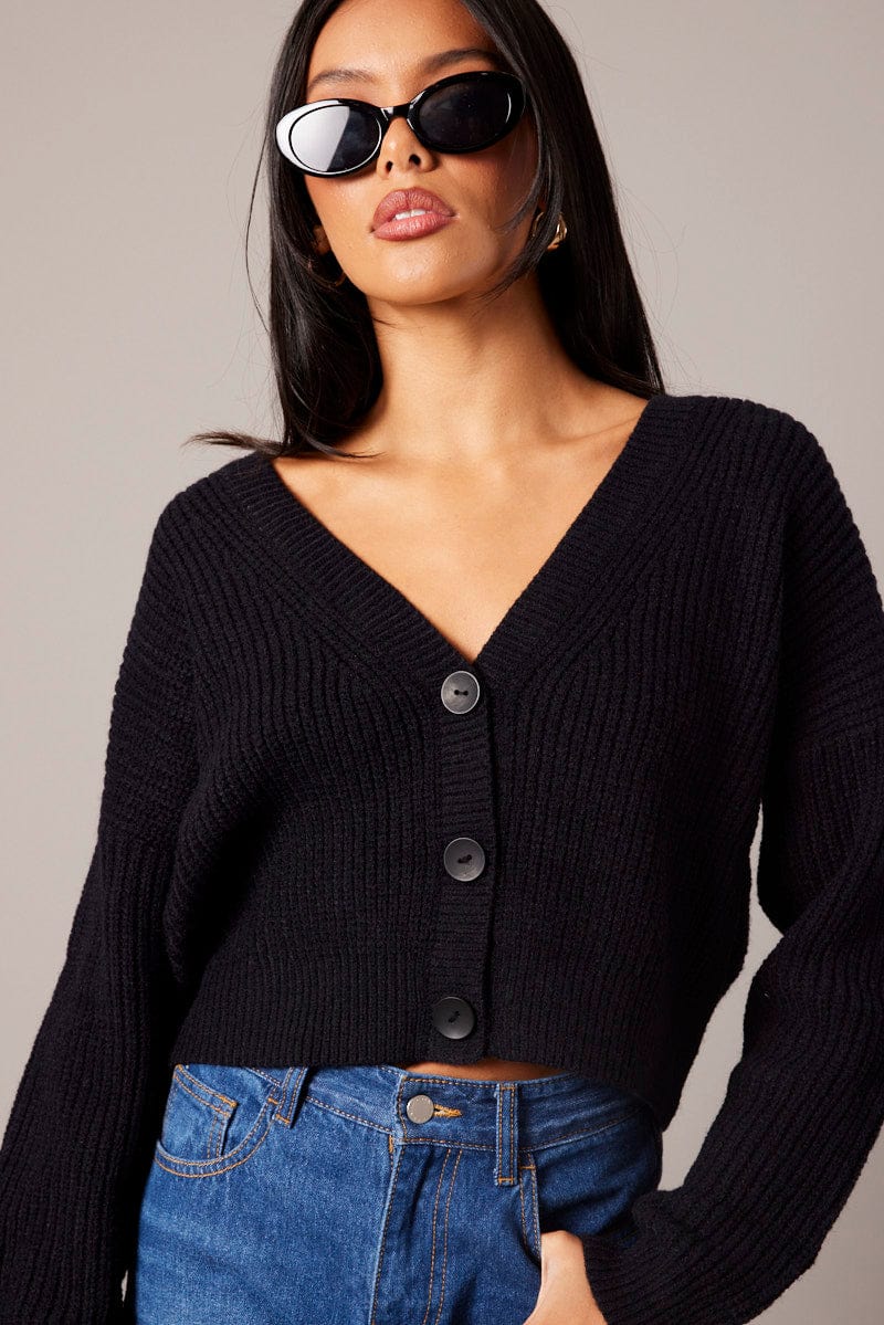 Black Knit Cardigan Long Sleeve V Neck Button Up