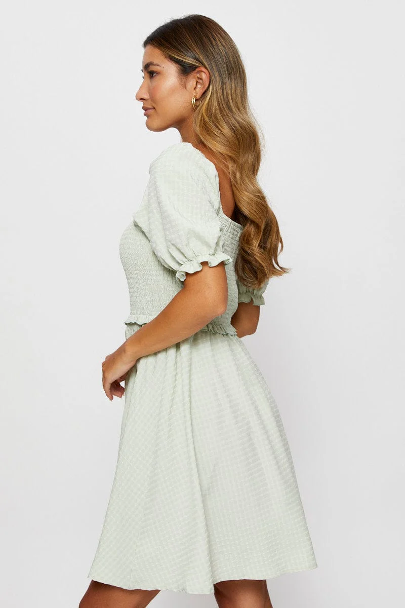 Green Fit And Flare Dress Short Sleeve Square Neck