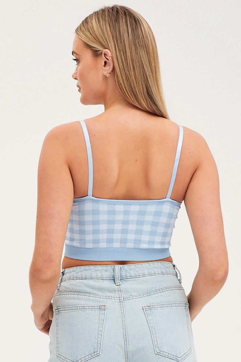 Blue Check Singlet Crop Top Seamless