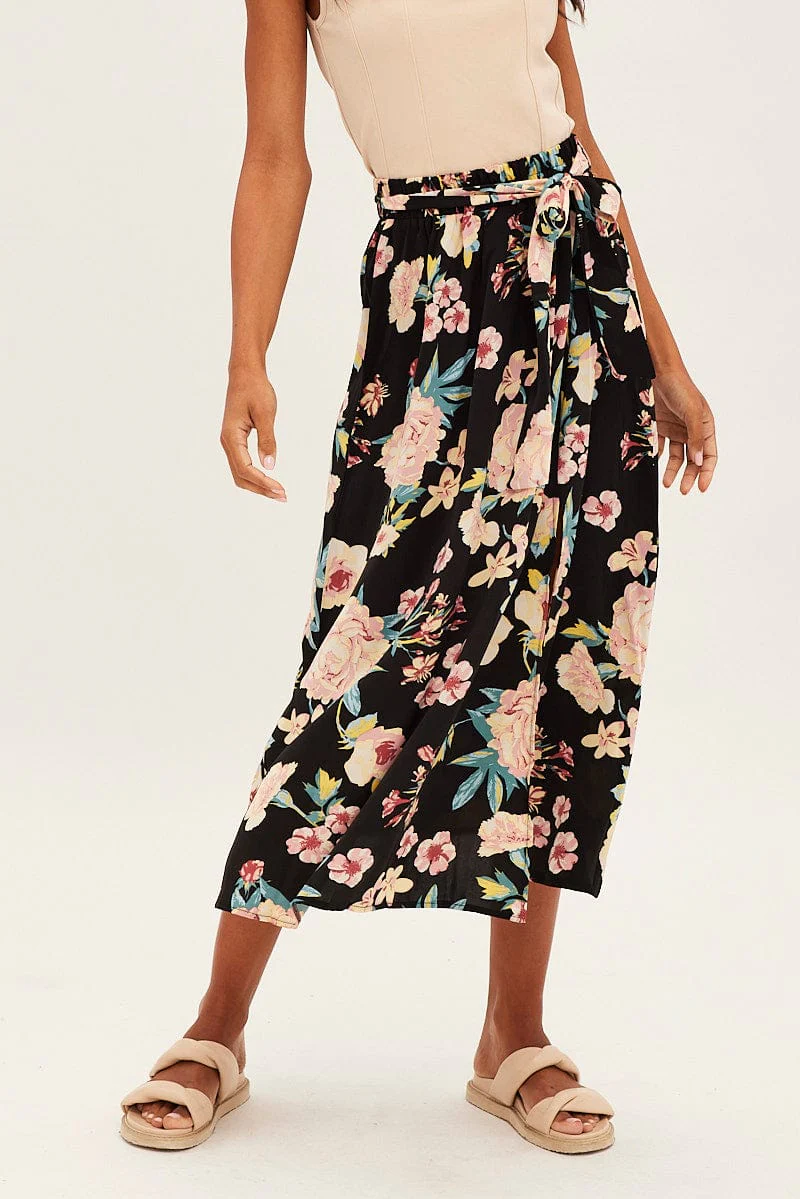 Black Floral High Waist Front Slit Floral Midi Skirt