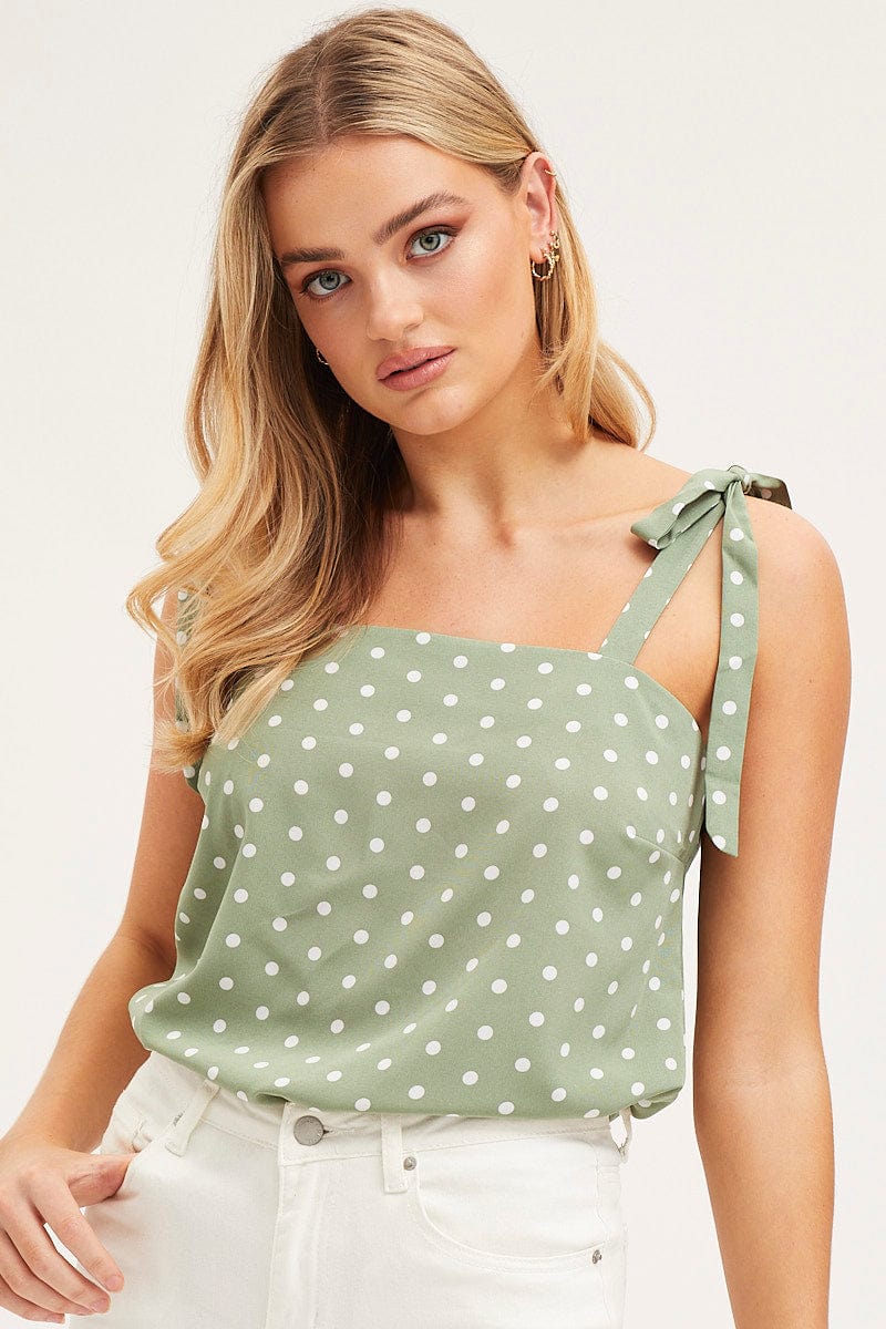 Polka Dot Tie Shoulder Top Sleeveless