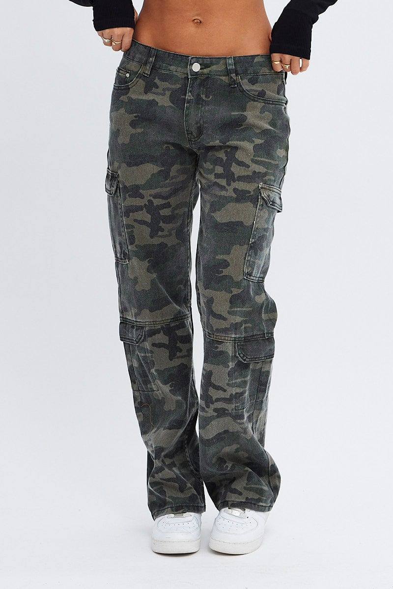 Green Print Camo Cargo Jeans Straight Out Pocket