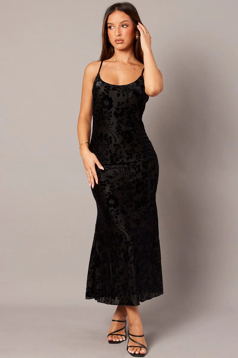 Black Maxi Dress Sleeveless Scoop Neck Burn Out