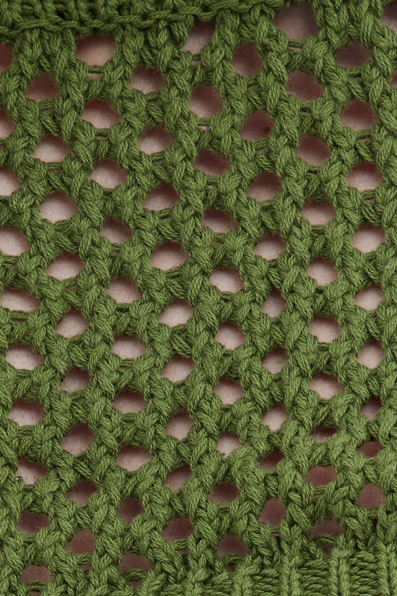 Green Knit Top Long Sleeve Openwork Cropped