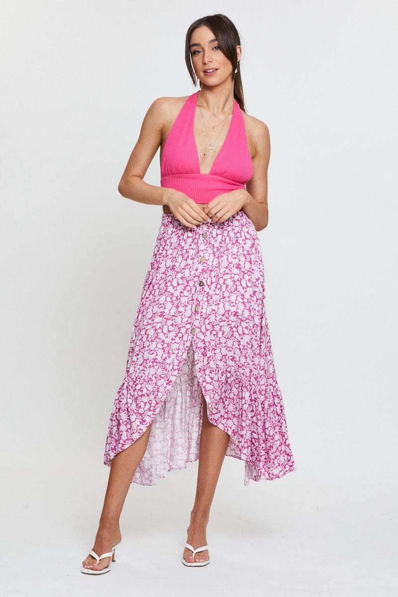 Pink Jersey Top Halter Neck Ribbed