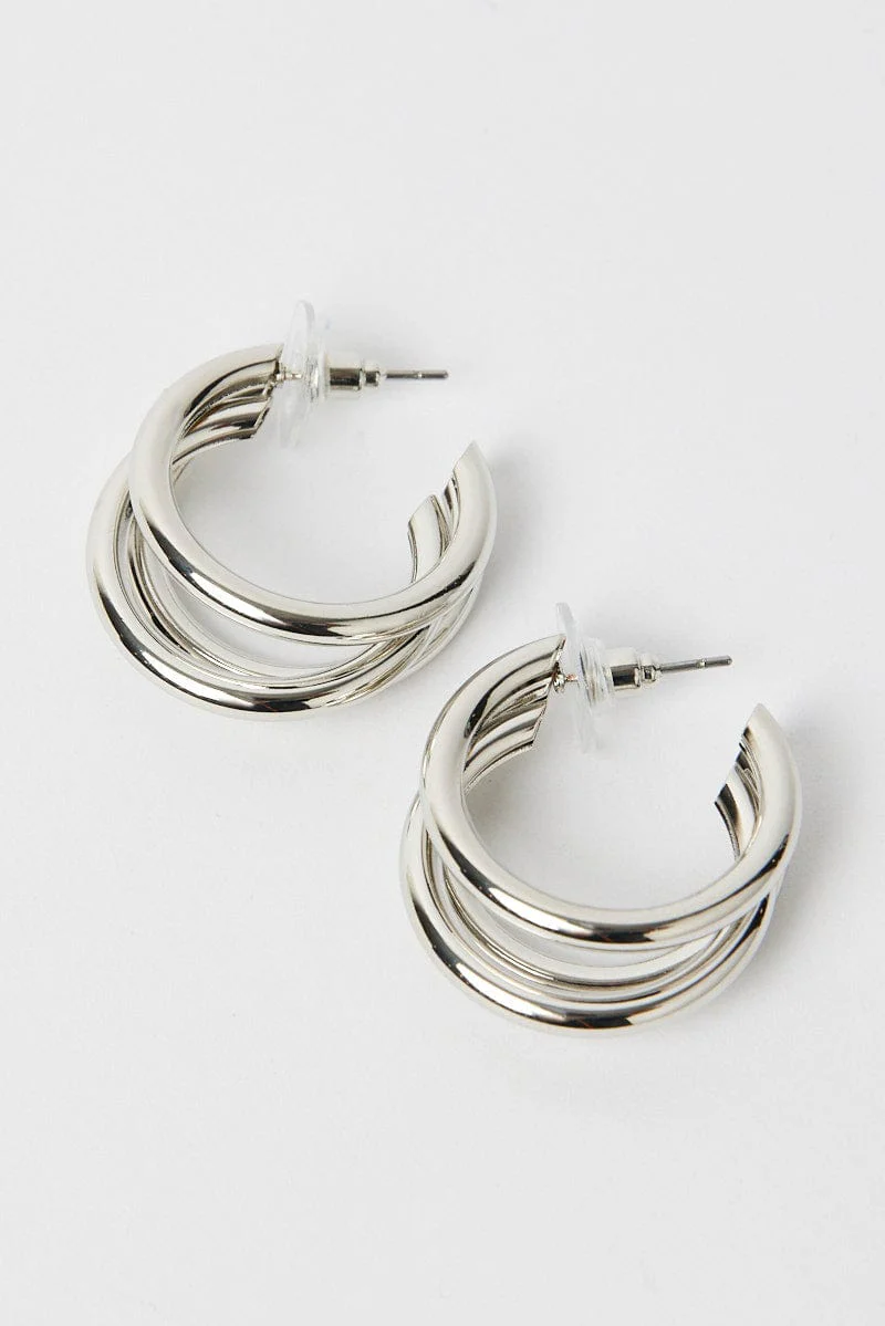Silver Triple Loop Hoop Earrings