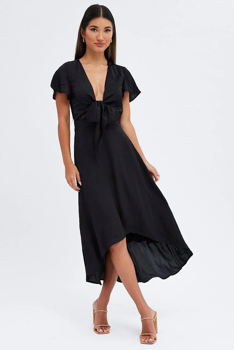 Black Midi Dress Short Sleeve Tie Back Satin