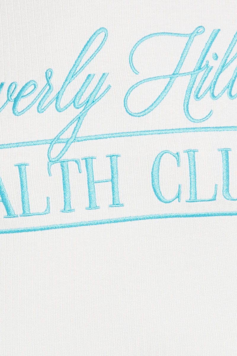 Blue Crop Tee Embroidered Beverly Hills Slogan Tshirt