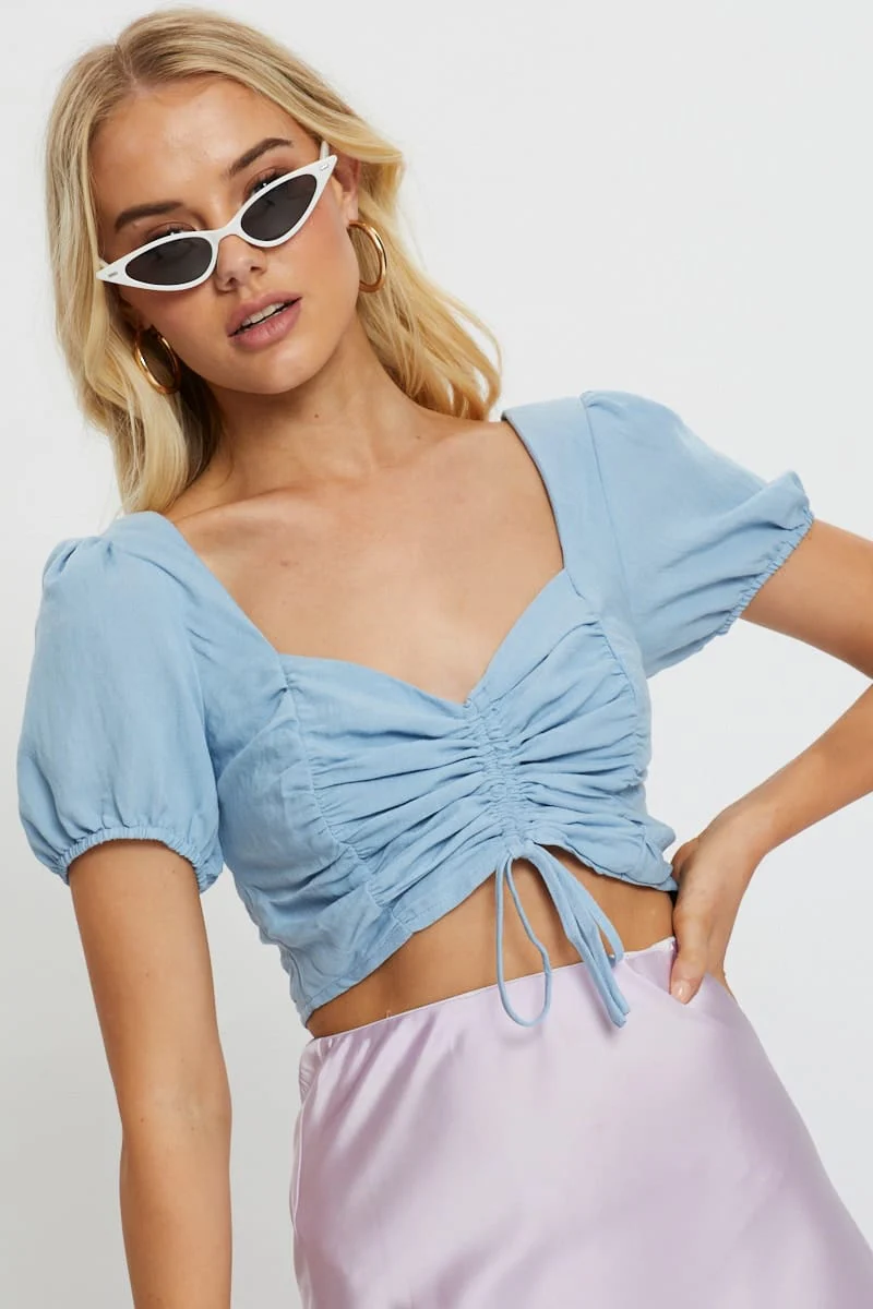 Blue Short Sleeve Ruched Draw String Crop Top