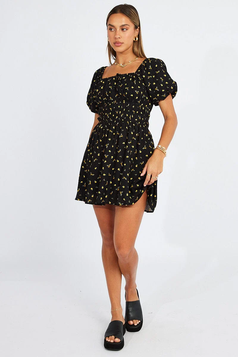 Black Floral Fit And Flare Dress Puff Sleeve Mini