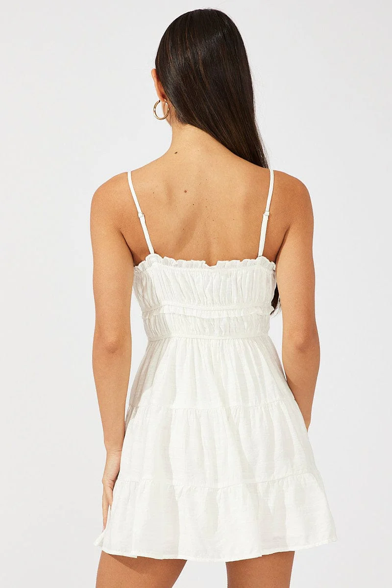 White Fit and Flare Dress Sleeveless Tiered