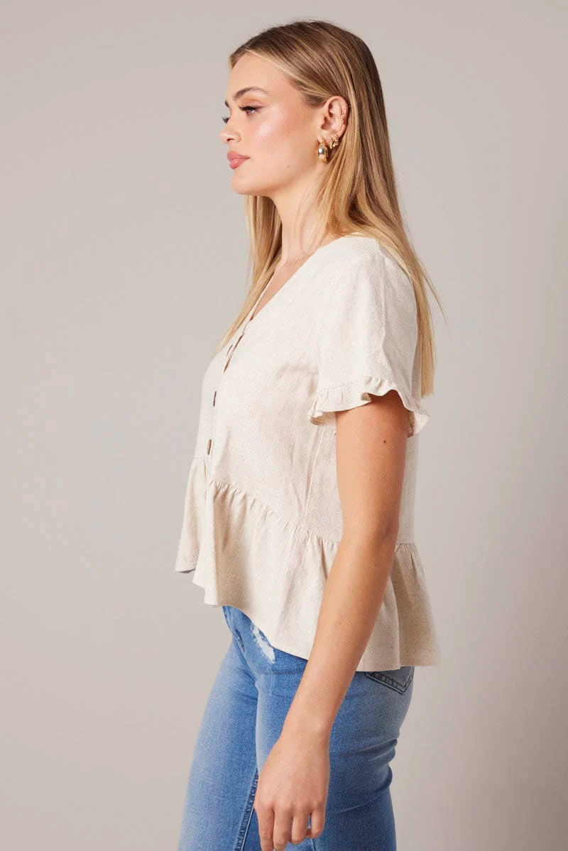 Beige Button Up Top V-Neck Frill Hem Top Linen