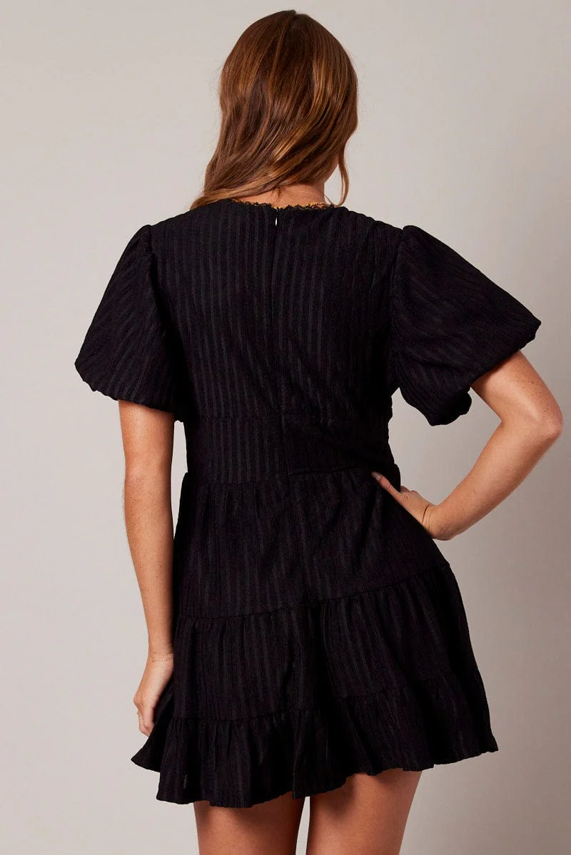 Black Fit And Flare Dress Puff Sleeve