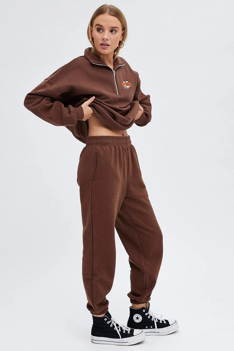 Brown Track Pants High Rise Jogger