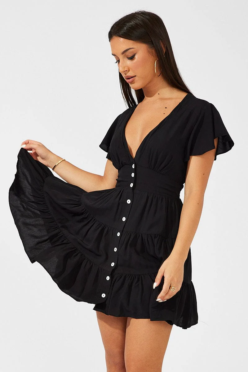Black Fit And Flare Dress V-neck Mini