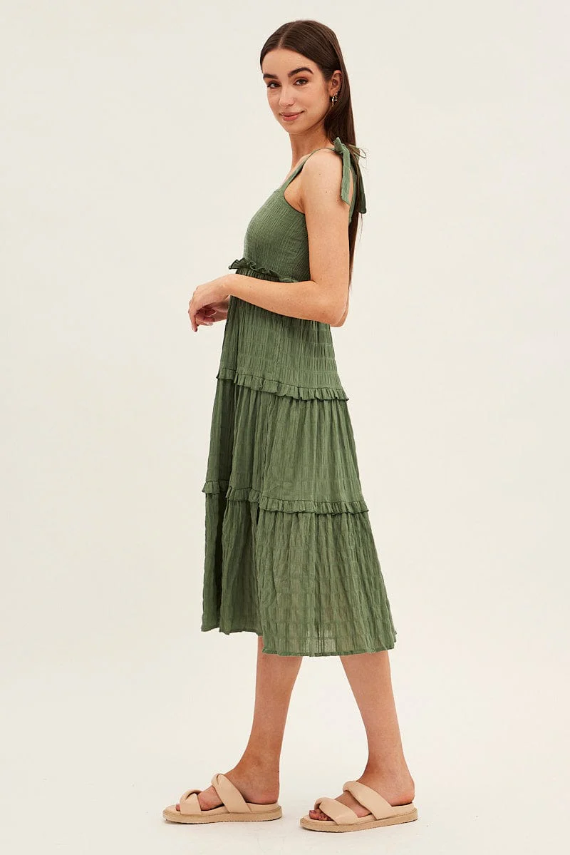 Green Midi Dress Sleeveless Shirred Texture Cotton