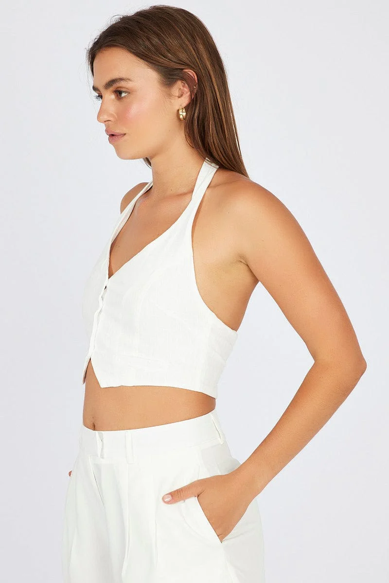 White Halter Neck Vest V Neckline Linen