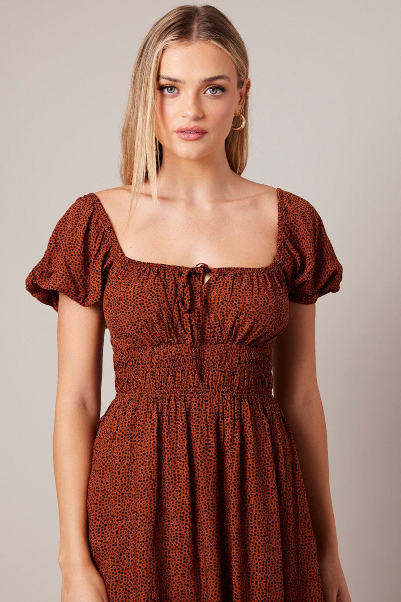 Brown Geo Midi Dress Short Sleeve Ruched Bust