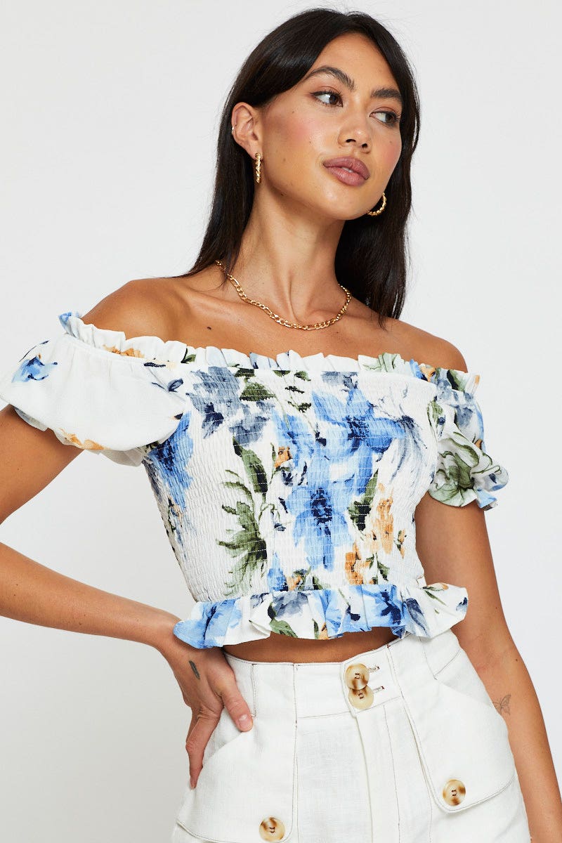 Print Crop Top Off Shoulder